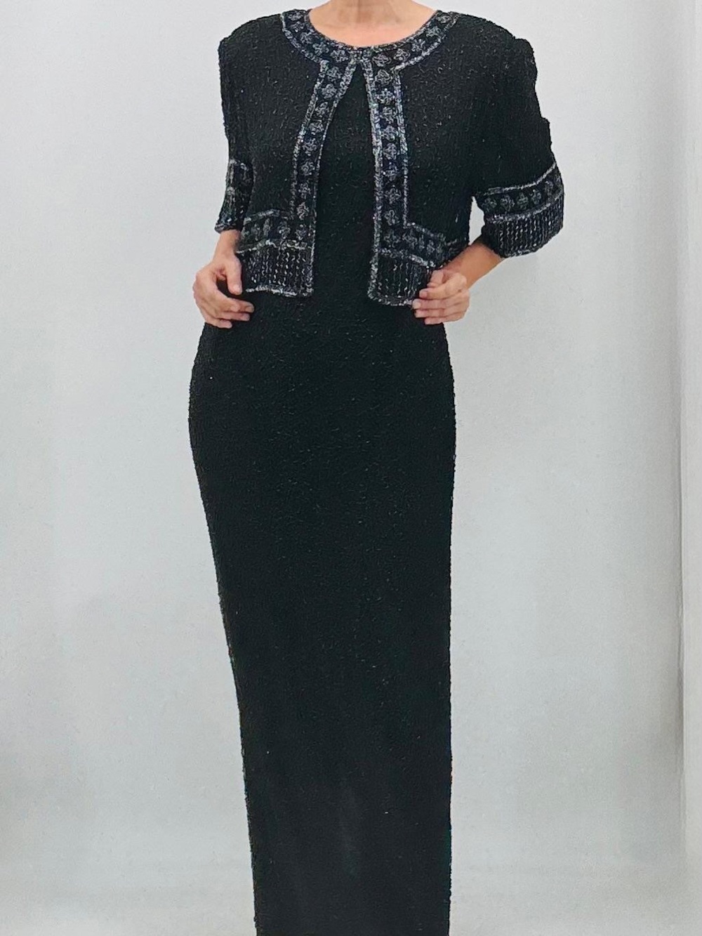Vintage 90s Laurence Kazar Art Deco Glam Beaded Silk Wedding Bolero Evening Gown